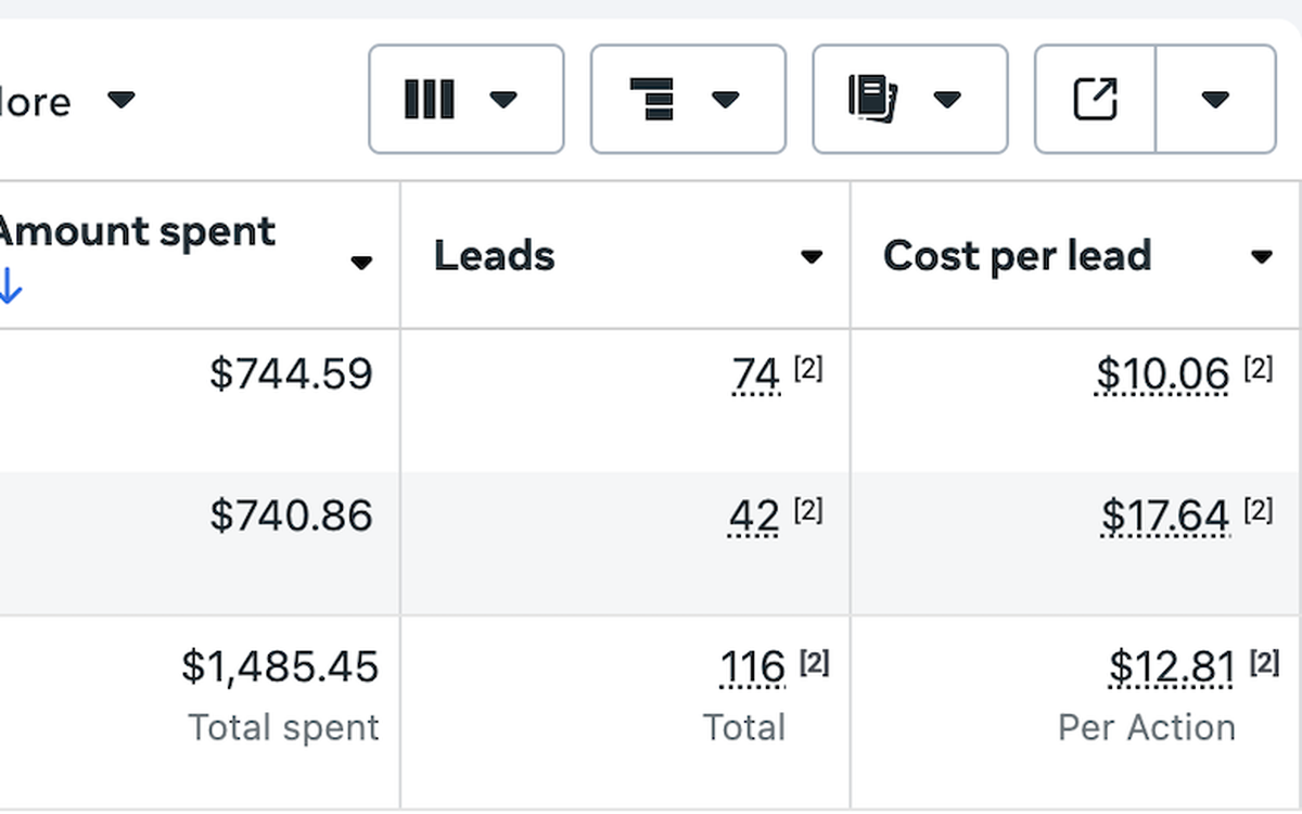 Ads platform campaign totals showing leads and cost per lead
